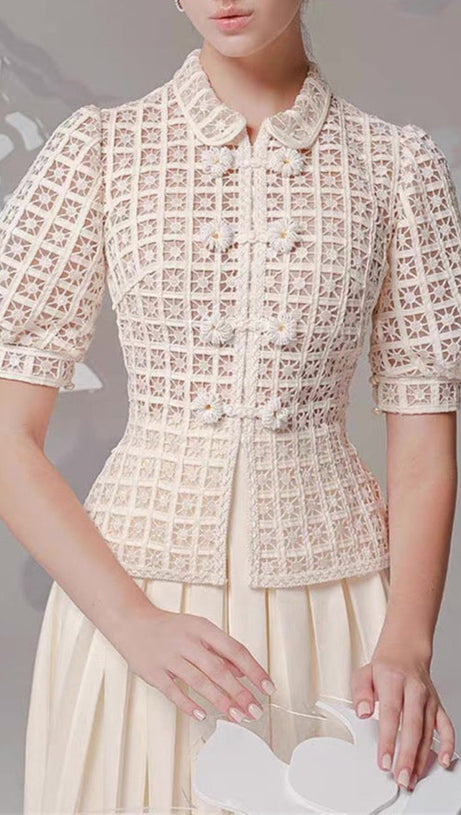 DOUBLE BREASTED LANTERN SLEEVE LACE TOP PLEATED SKIRT SET IN APRICOT