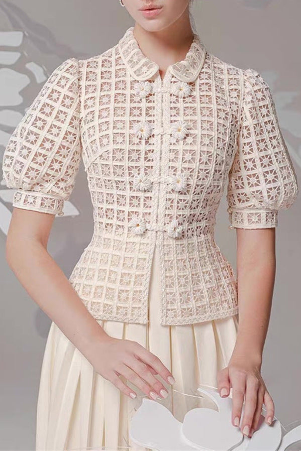 AIIZIE DOUBLE BREASTED LANTERN SLEEVE LACE TOP PLEATED SKIRT SET IN APRICOT - product image