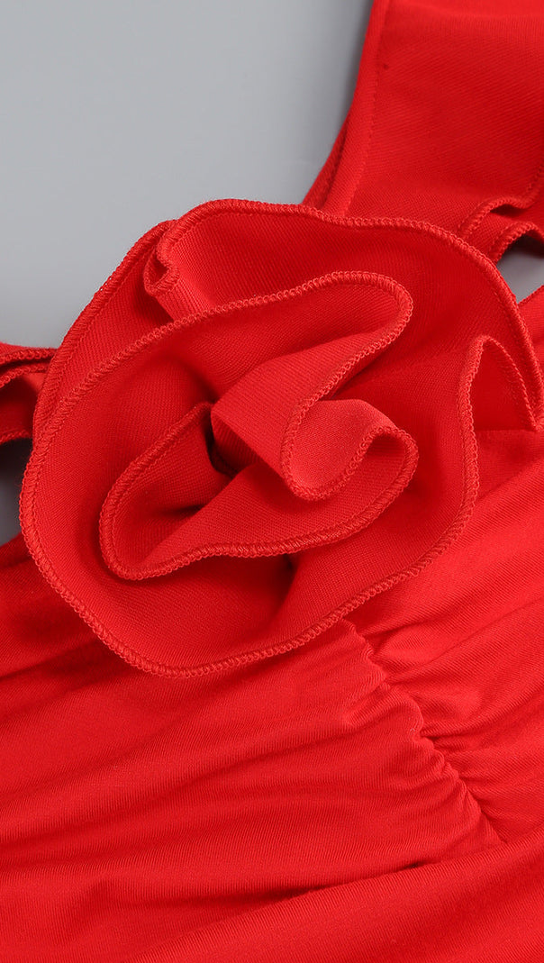 AIIZIE FLORAL RUFFLE TRIM HALTER MIDI DRESS IN RED - product image