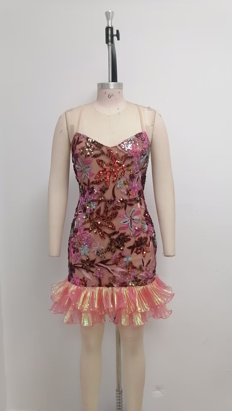 RED FLORAL EMBROIDERY STRAP MESH-PANELLED MINI DRESS