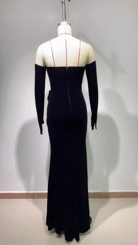 CRYSTAL-EMBELLISHED STRAPLESS MAXI DRESS WITH GLOVES