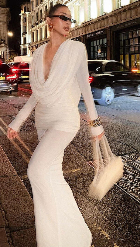 LONG SLEEVE DRAPED COWL NECK MAXI DRESS IN WHITE