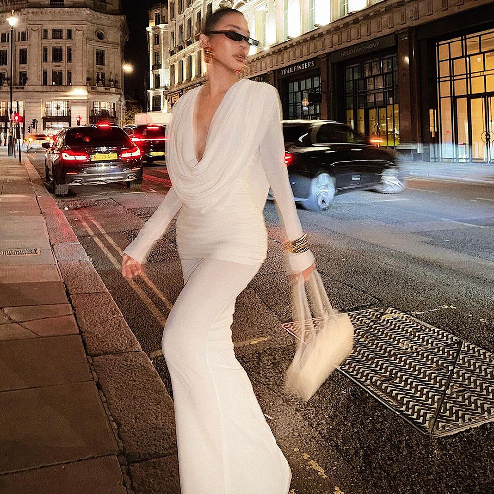 AIIZIE LONG SLEEVE DRAPED COWL NECK MAXI DRESS IN WHITE - product image