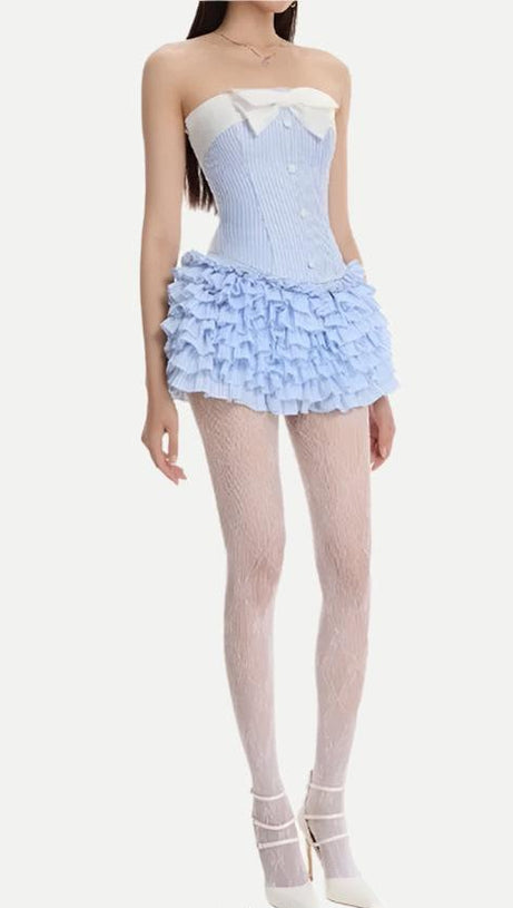 STRIPED BUSTIER TOP SKIRT SET IN BLUE