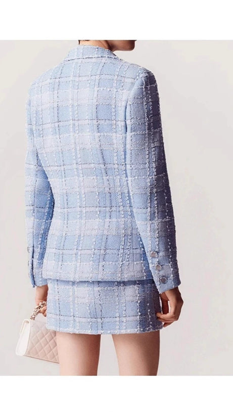 PLAID DOUBLE BREASTED TWEED BLAZER IN BLUE