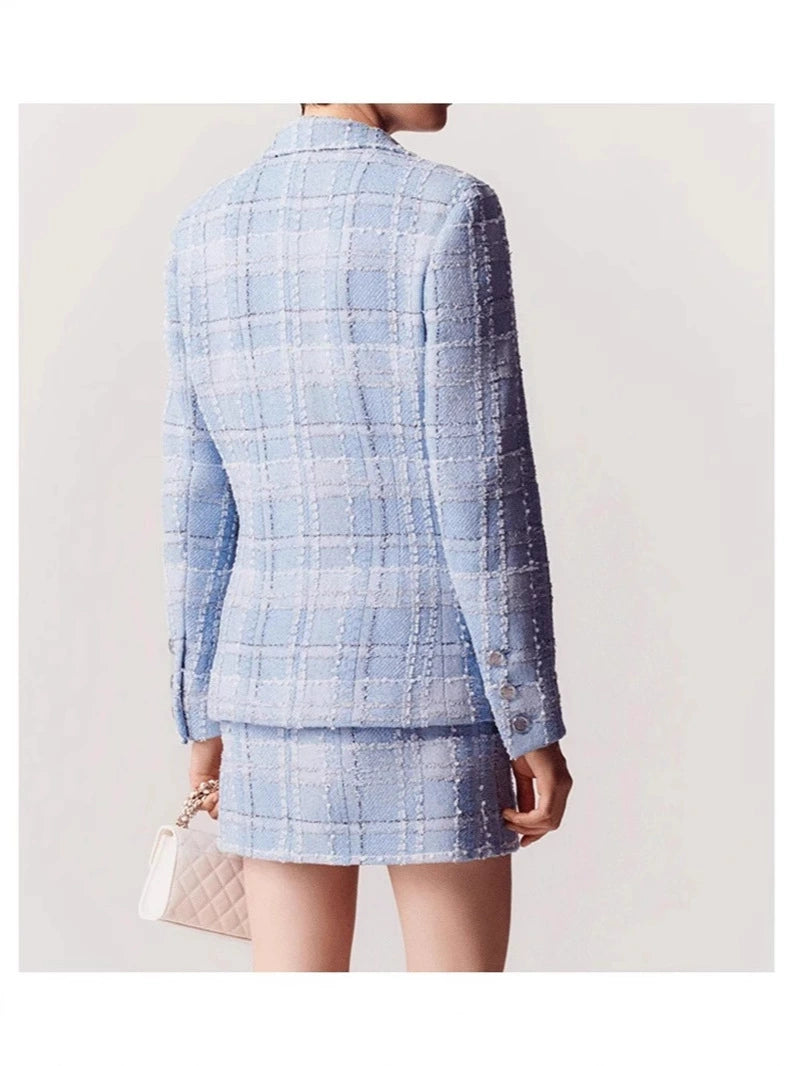 AIIZIE PLAID DOUBLE BREASTED TWEED BLAZER IN BLUE - product image