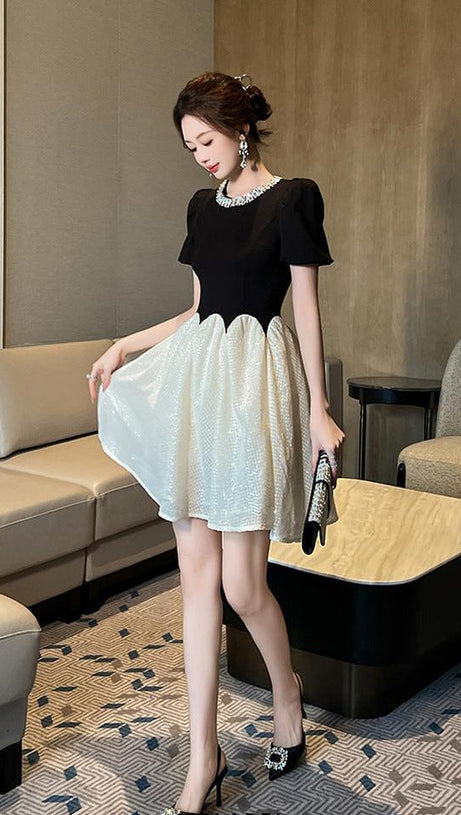 leona black-white Two-Tone rhinestone neck sequin mini Dress