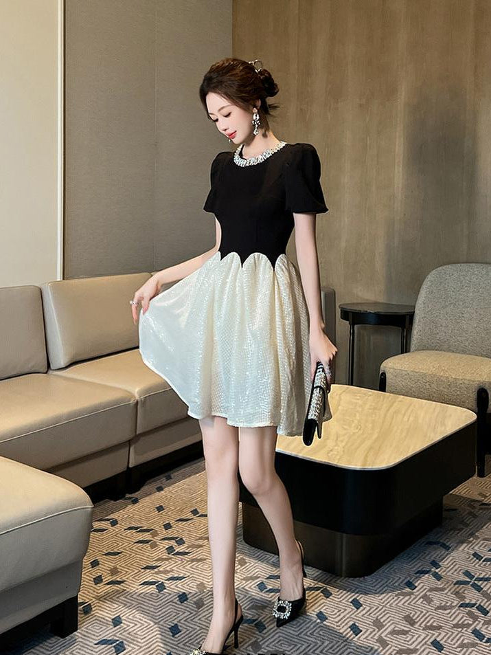 AIIZIE leona black-white Two-Tone rhinestone neck sequin mini Dress - product image
