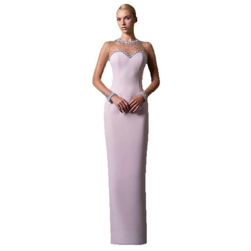 pink mesh splicing bead  long dress with diamonds