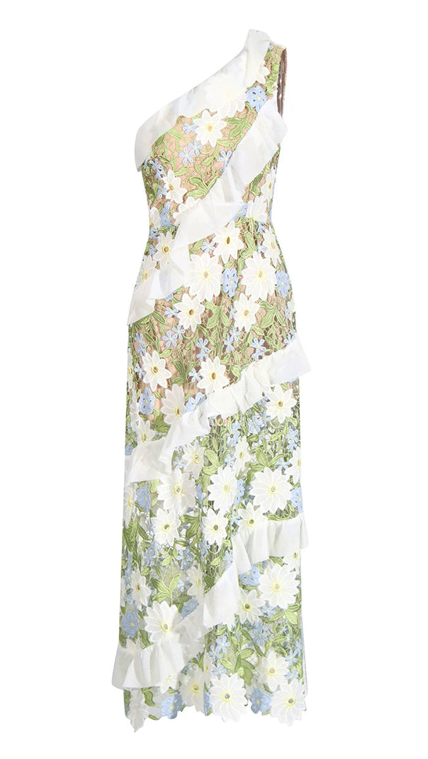 AIIZIE FLORAL ONE SHOULDER LACE MAXI DRESS IN GREEN - product image