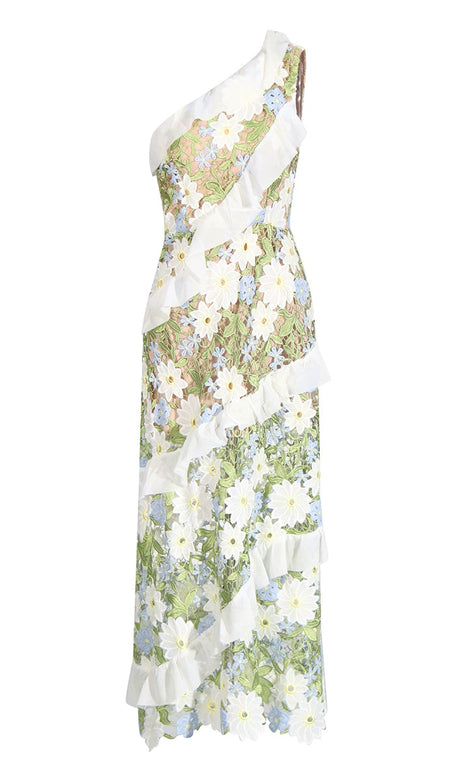 Floral One Shoulder Lace Maxi Dress in Green