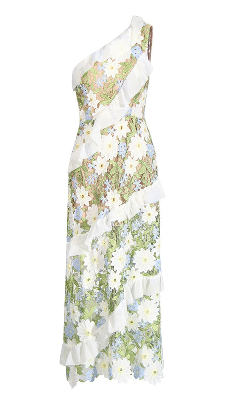 FLORAL ONE SHOULDER LACE MAXI DRESS IN GREEN