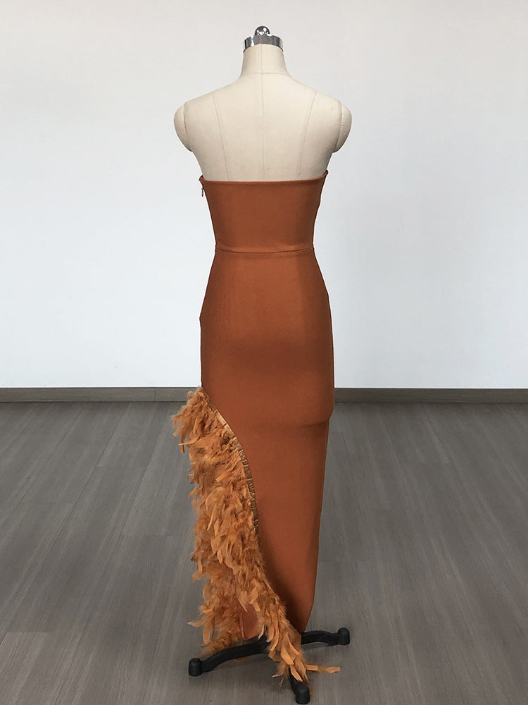 AIIZIE OSTRICH FEATHER BANDAGE DRESS WITH V-NECKLINE IN BROWN - product image