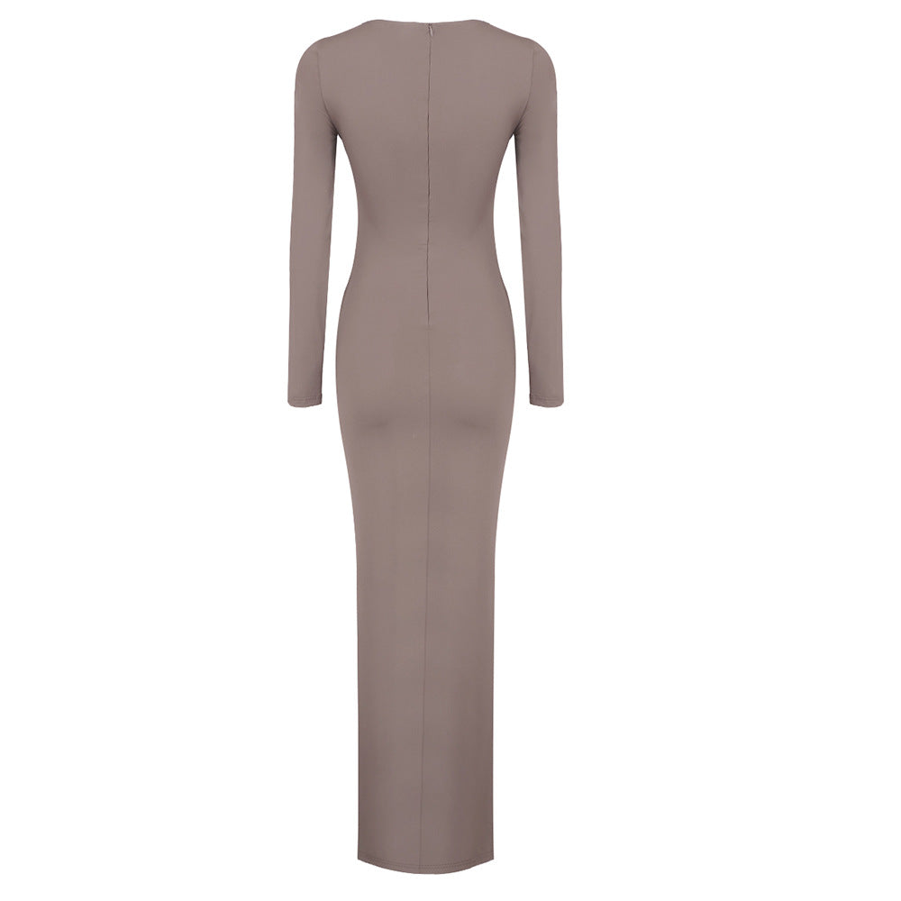AIIZIE ROUND NECK RIBBED KNIT MAXI DRESS IN COFFEE - product image