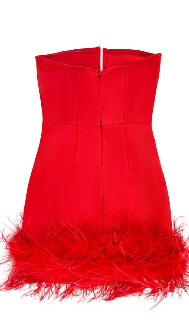 AIIZIE DEEP V TUBE TOP OSTRICH FEATHER HIP-WRAPPED MINI DRESS RED - product image