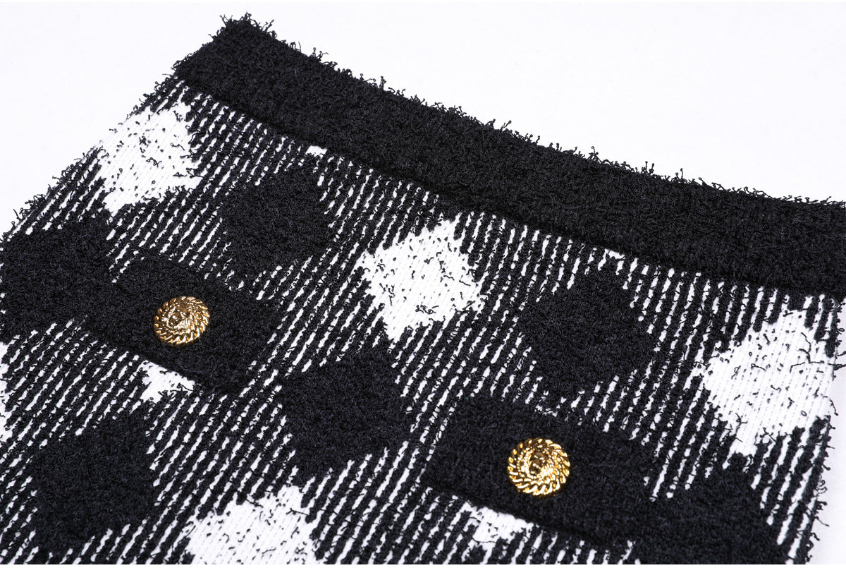 Schwarz-weiße Gingham-Tweed-Strickjacke