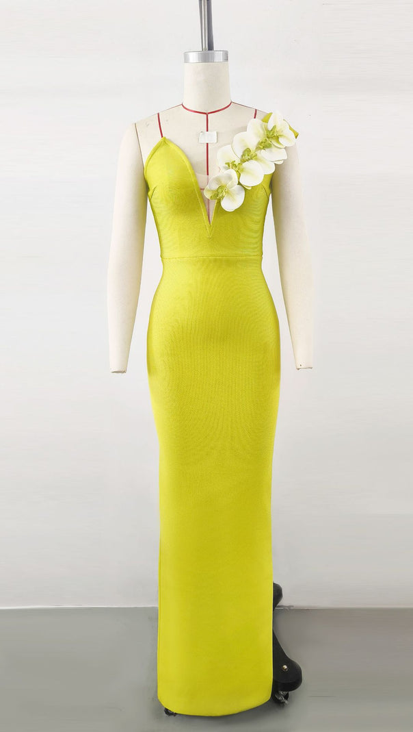 AIIZIE YELLOW-GREEN ONE-SHOULDER FLORAL BANDAGE SPLIT MAXI DRESS - product image