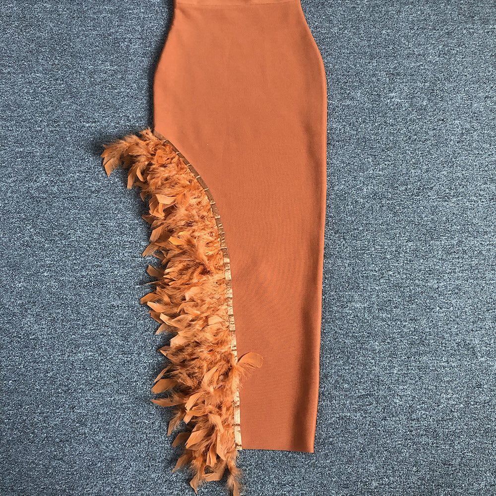 AIIZIE OSTRICH FEATHER BANDAGE DRESS WITH V-NECKLINE IN BROWN - product image