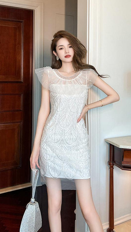 diana pearl detail sequin mini dress in white