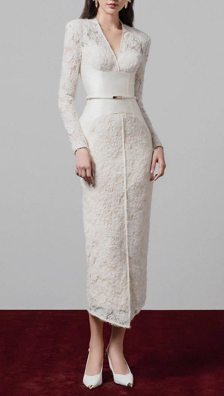 kimberley white v-neck lace patchwork midi dress