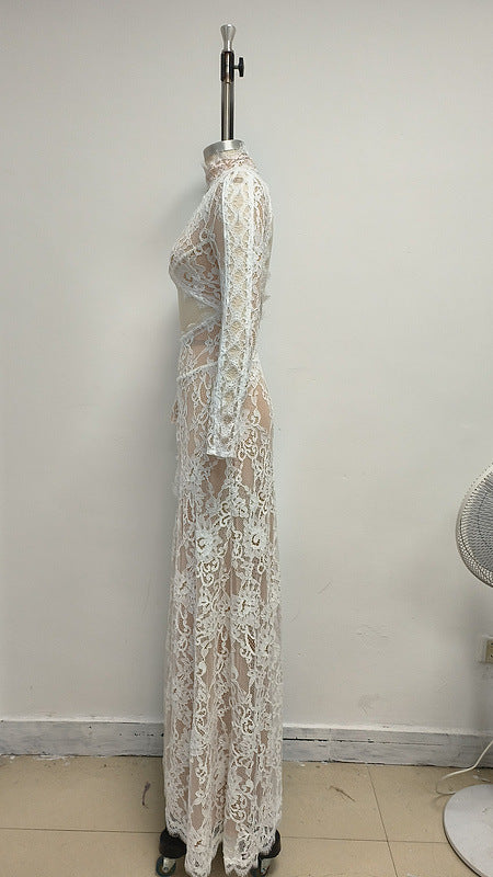V-NECK LONG-SLEEVED LACE SHEER MAXI DRESS WHITE