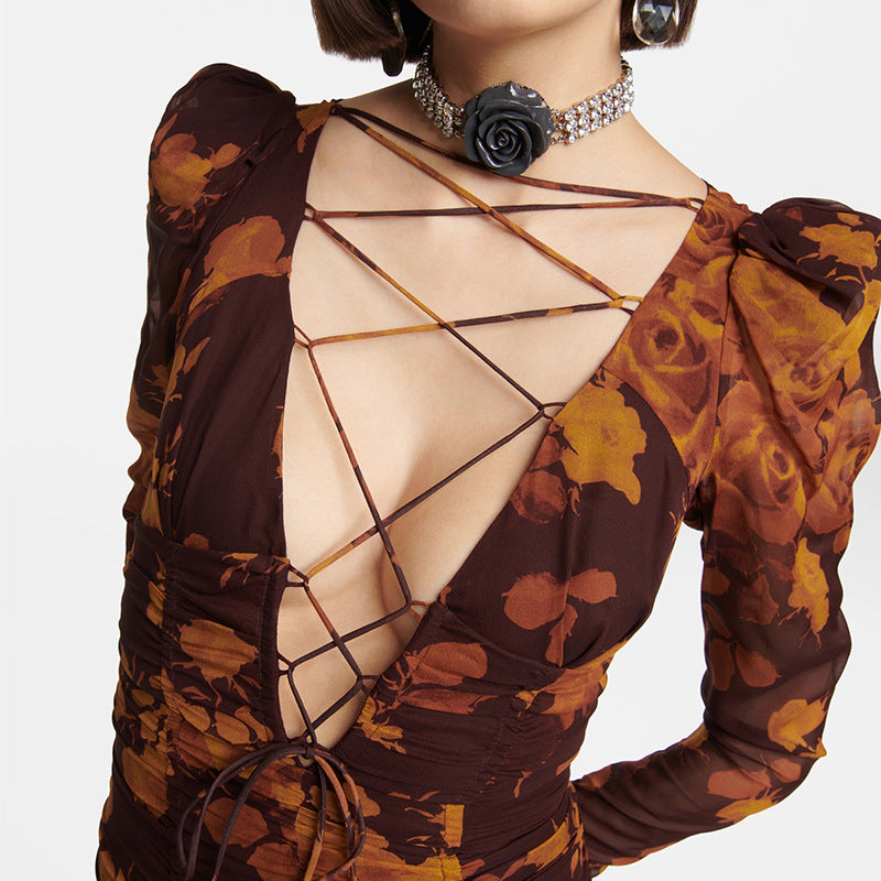 FLORAL PRINT HOLLOW TULLE MINI DRESS IN BROWN