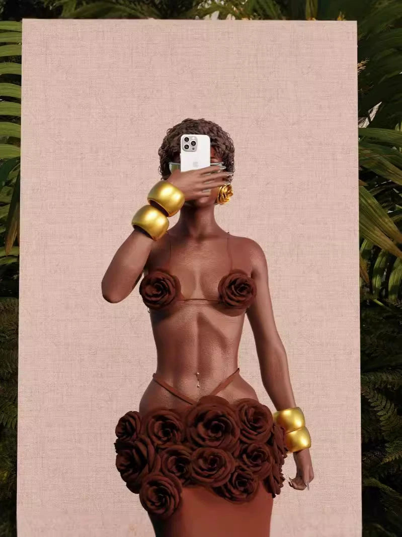 EVANGELINE 3D FLOWER CROP TOP SKIRT SET IN BROWN