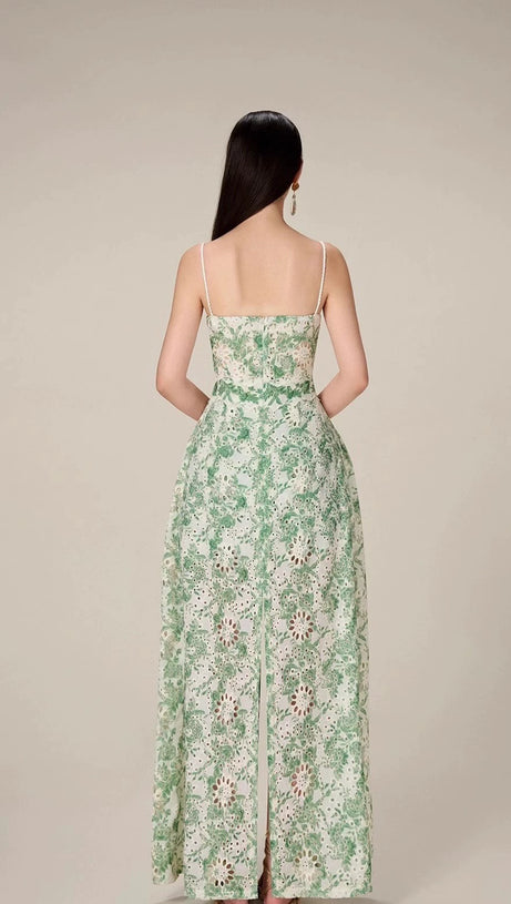 FLORAL PRINTED THIGH SLIT MIDI DRESS IN GREEN