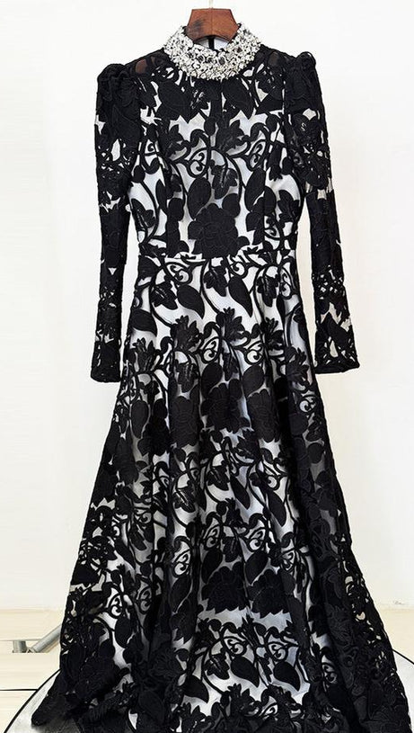 black mesh diamond embroidered maxi dress