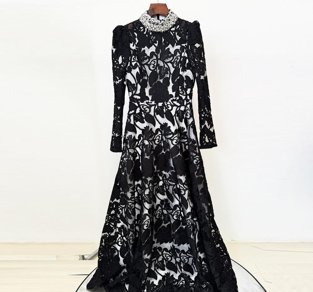 AIIZIE black mesh diamond embroidered maxi dress - product image