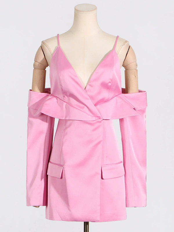 PLUNGE DRAPED SATIN BLAZER IN PINK