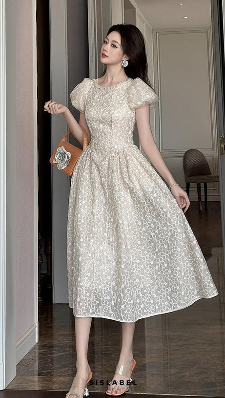 pearl neck Puff sleeve flared lace maxi dress - apricot