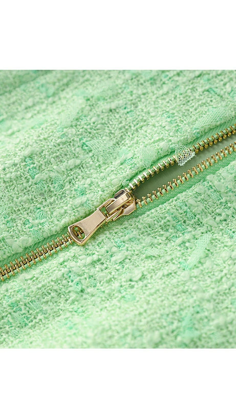 GEMMA PAISLEY-EMBELLISHED TWEED MINI DRESS IN GREEN