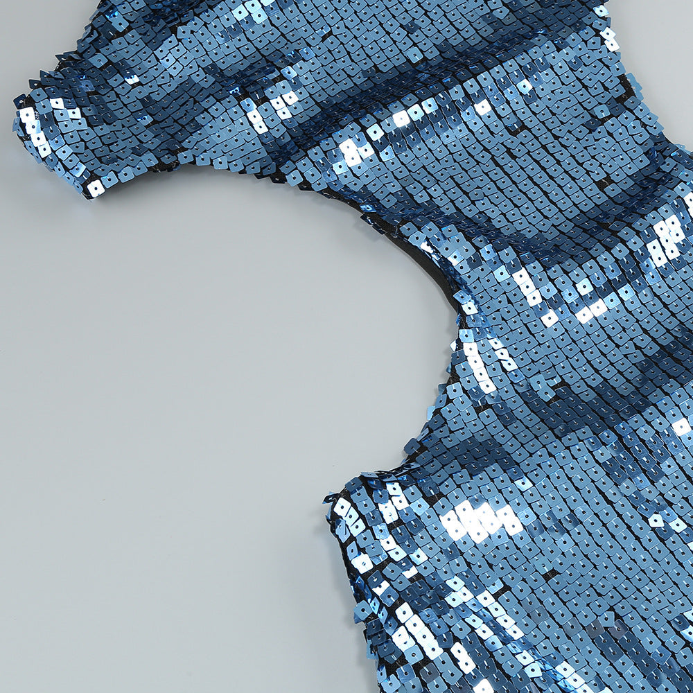 AIIZIE SHARON SEQUIN HALTER MAXI DRESS IN CERULEAN BLUE - product image