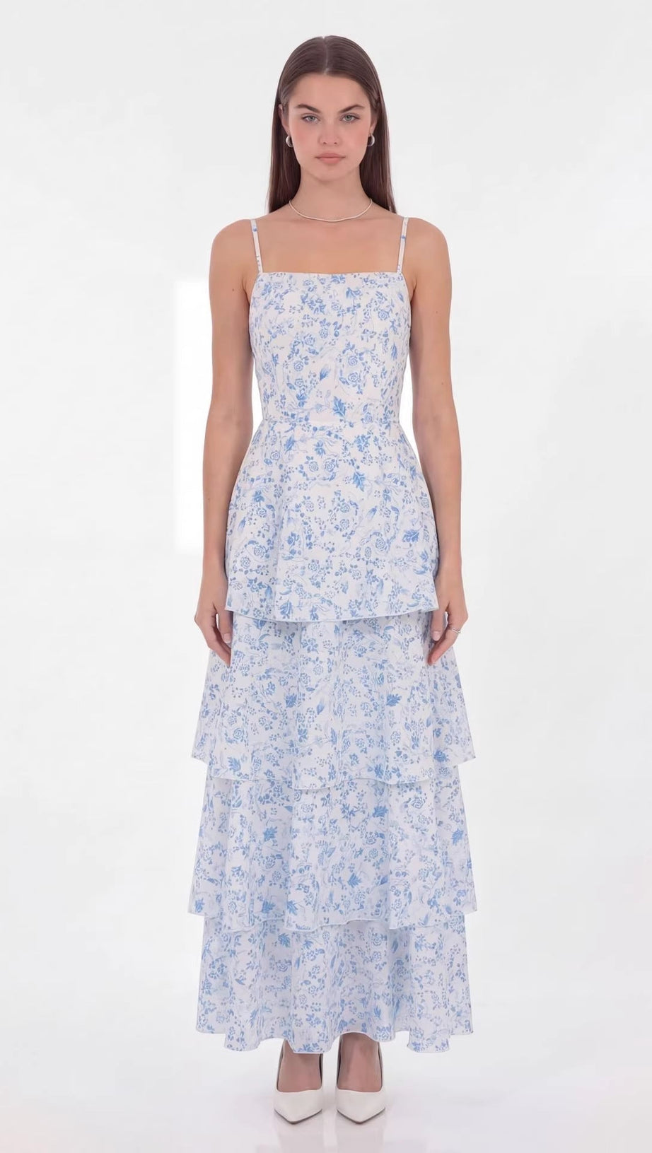 eileen floral print layer strappy maxi dress - blue
