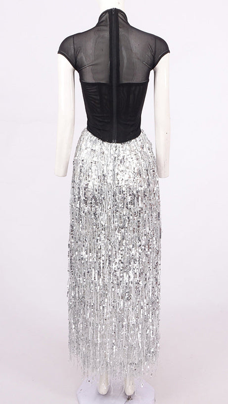 TASSEL SEQUIN BLACK CORSET MAXI DRESS