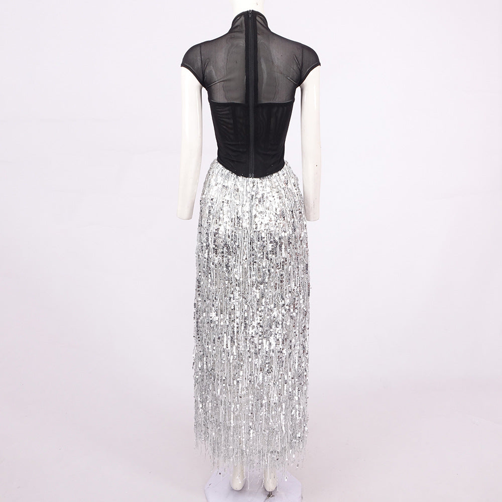 AIIZIE TASSEL SEQUIN BLACK CORSET MAXI DRESS - product image
