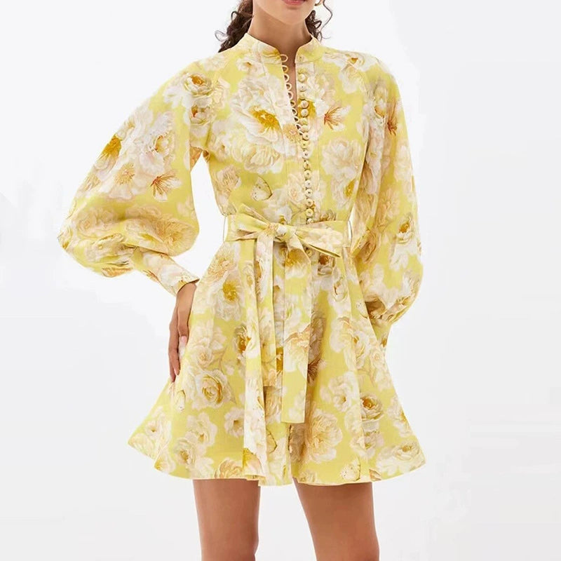 MONICA LANTERN SLEEVE FLORAL PRINT YELLOW MINI DRESS