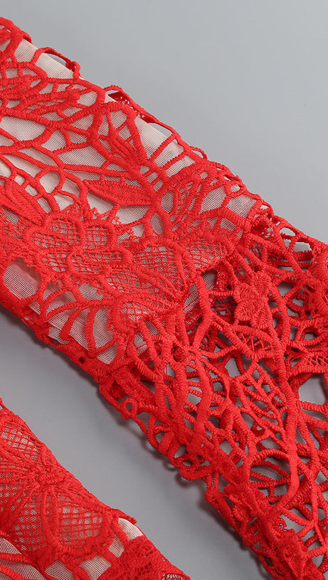 LACE-EMBELLISHED TRUMPET SLEEVE JUMPSUITS IN RED