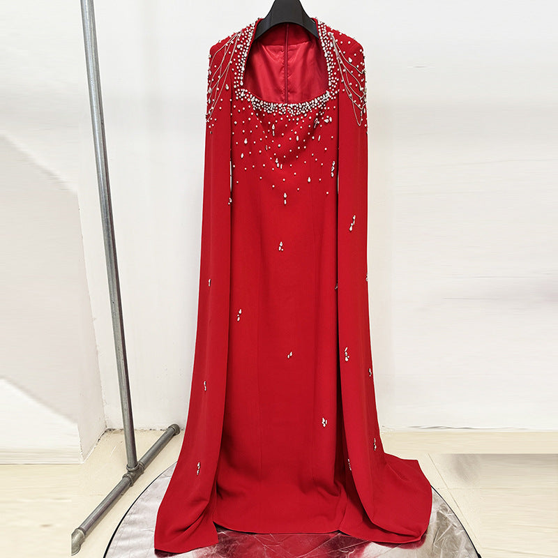 Red Beaded Cape Maxi Gown with Shawl Sleeves