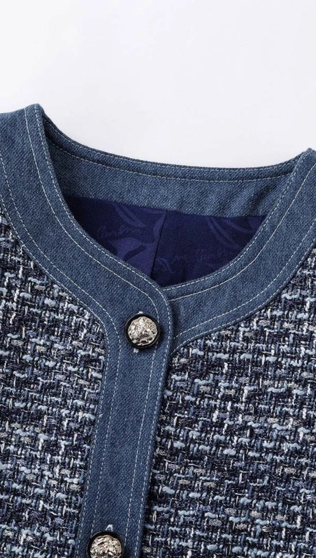 CHIC TWEED & DENIM MINI DRESS WITH GOLD CHAIN ACCENTS | HATSUYE