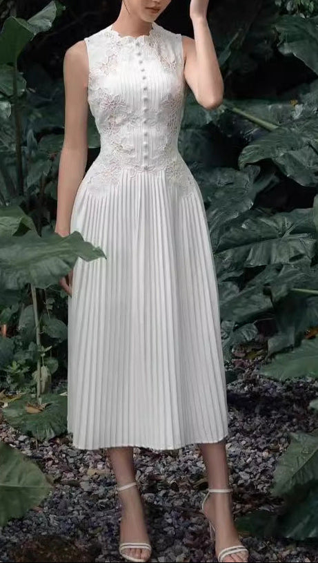 nancy lace embroidery pleated midi dress in white