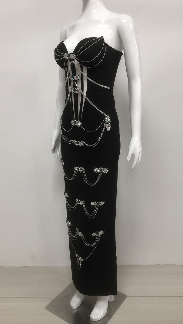 AIIZIE STRAPLESS BLACK RHINESTONE CORSET MAXI DRESS - product image