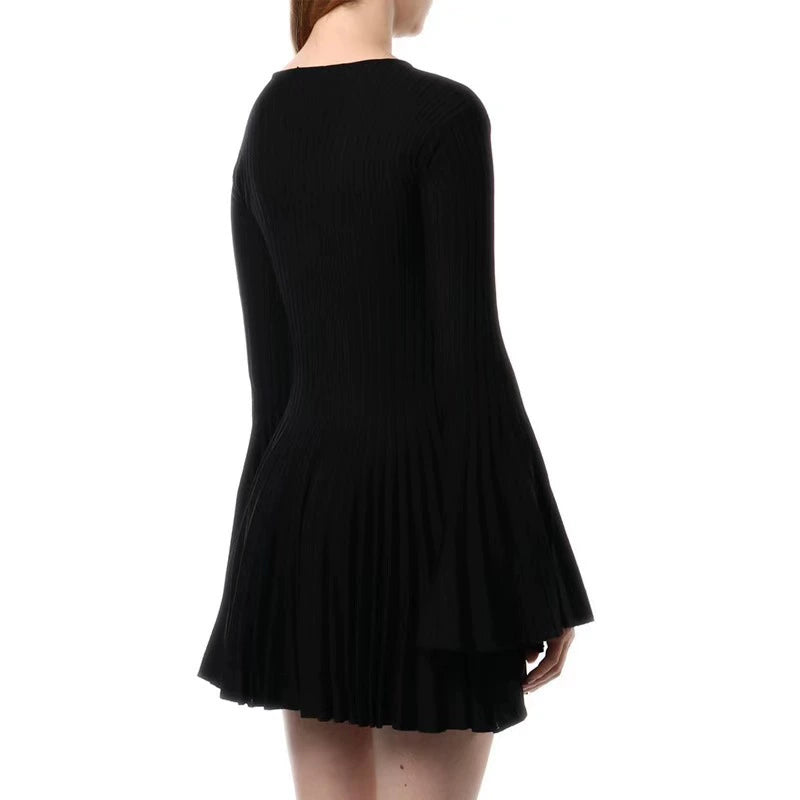 PLEATED WOOL KNIT LONG SLEEVE MINI DRESS IN BLACK