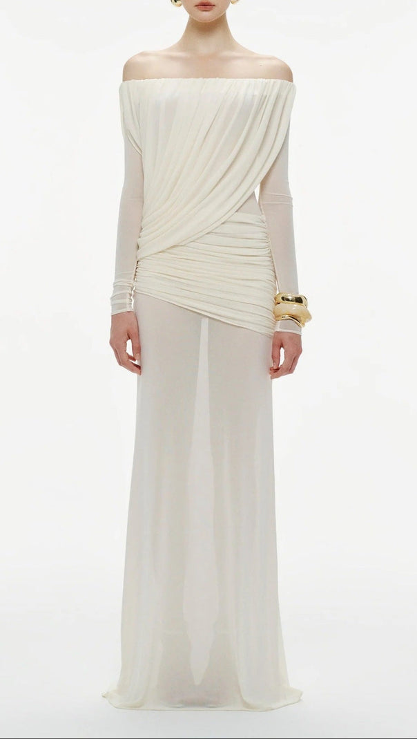 AIIZIE cara Off-shoulder long sleeve pleated mesh maxi dress in white - product image