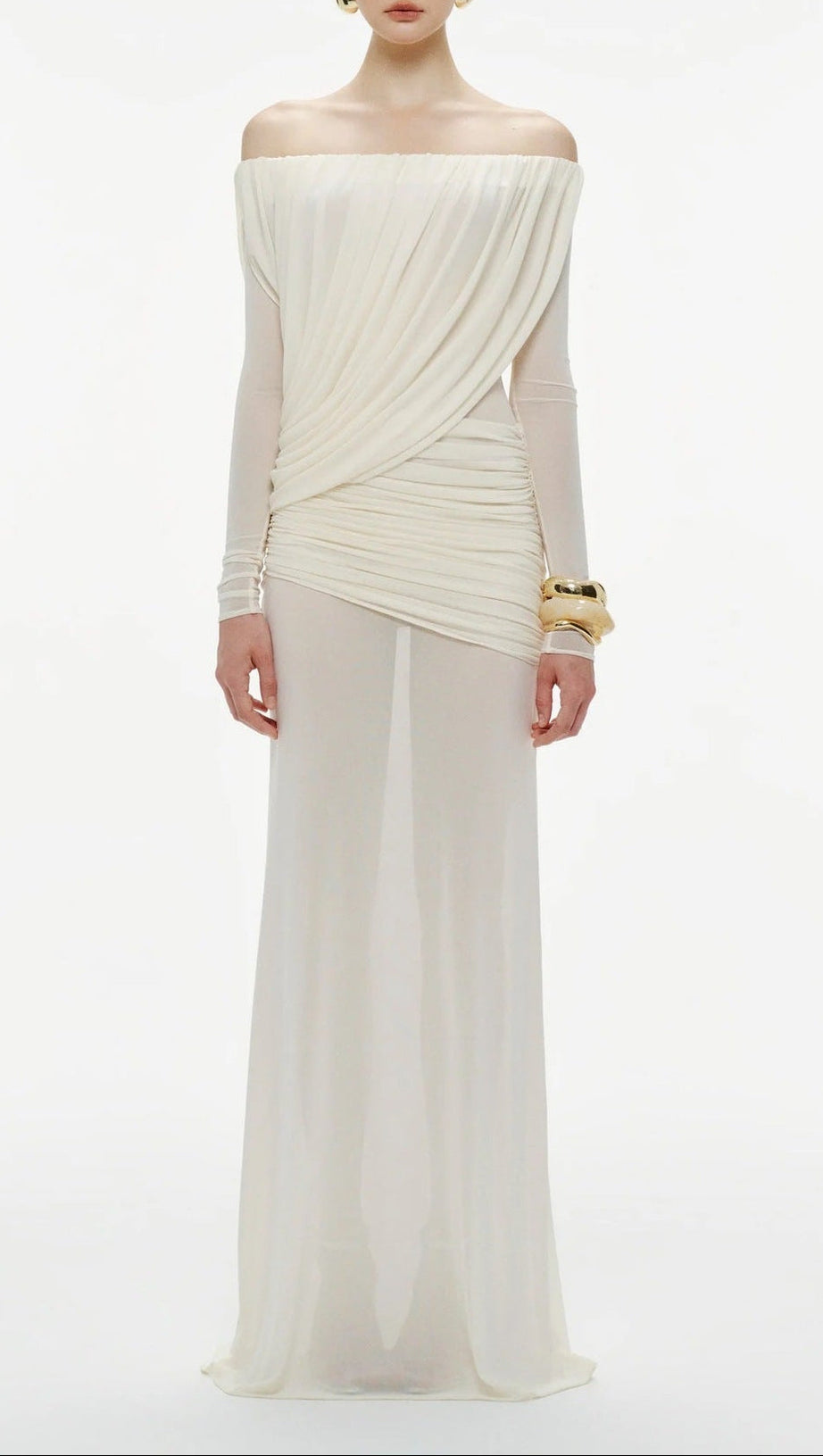 cara Off-shoulder long sleeve pleated mesh maxi dress in white