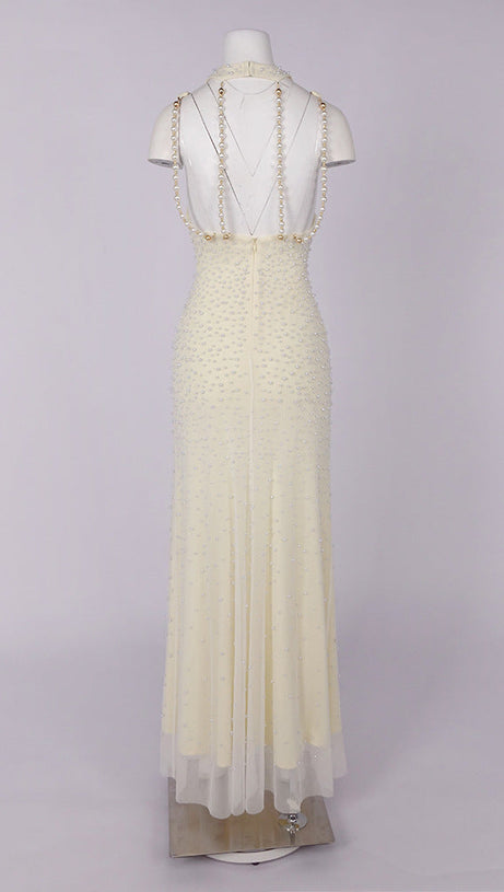 Pearl tassel off-shoulder fishtail maxi dress - yellow