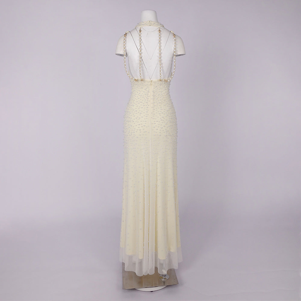 AIIZIE Pearl-Tassel Off-Shoulder Fishtail Maxi Dress in Butter Yellow - product image