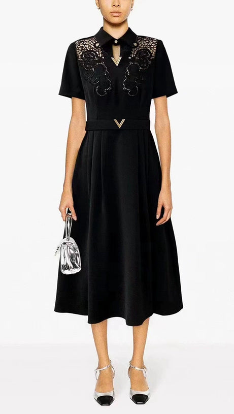 MYRA BLACK HOLLOW HOOK FLOWER A-LINE MIDI DRESS