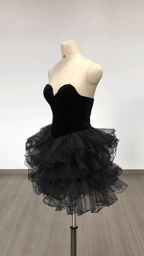 STRAPLESS RUFFLED ORGANZA CORSET MINI DRESS IN BLACK
